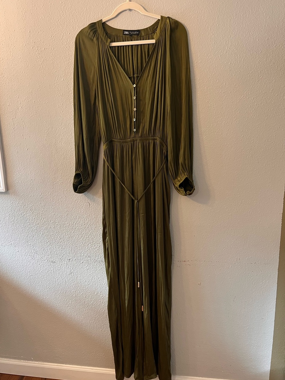 Zara 3/4 Sleeve Satin Effect Jumpsuit with Wide Pleated Pant Legs